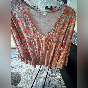 First Love Floral V-Neck Blouse - Pink and Orange